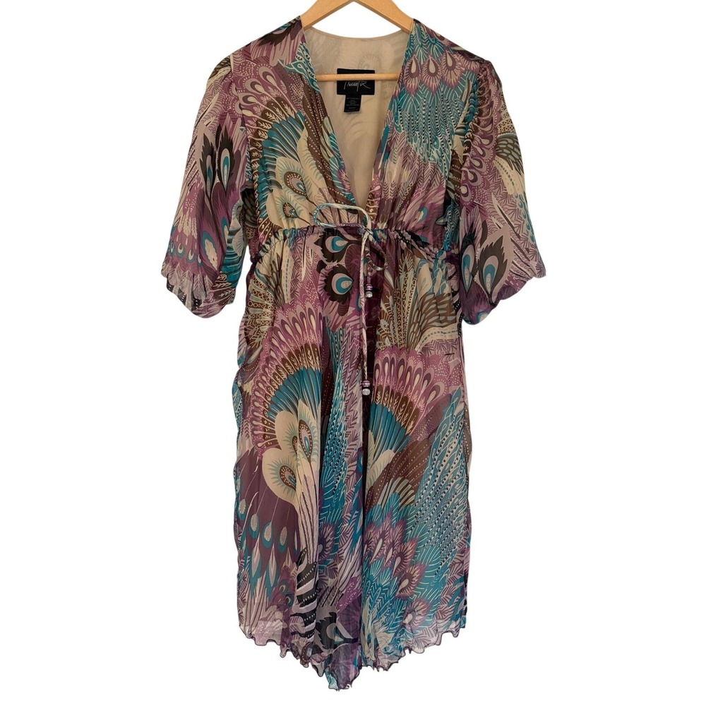 Tricia Fix Silk Peacock Print Dress Purple Teal Boho V-Neck Medium Made in USA